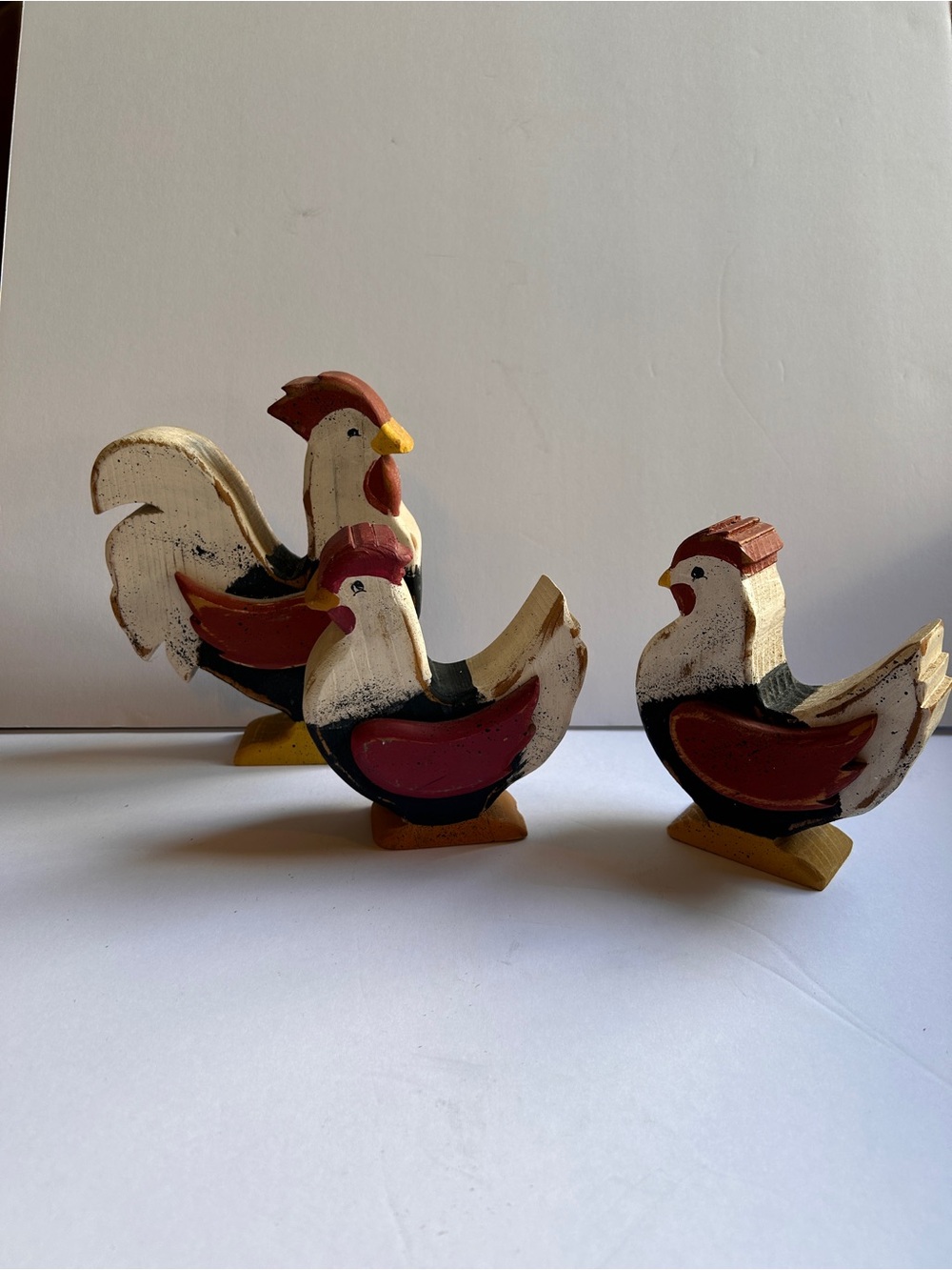 Hand-Painted Chicken Figurine Trio - White and Red Farmhouse Accent